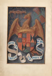 Uren van Koningin Isabella de Katholieke, Koningin van Spanje: Fol. 1v, Wapens en Motto