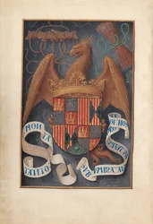 Uren van koningin Isabella de Katholieke, koningin van Spanje: Fol. 1v, Wapens en motto