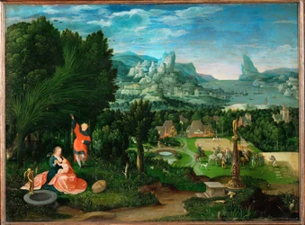 Landschap met rust tijdens de Vlucht naar Egypte (schilderij op eikenhout)