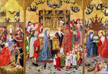 Altaarstuk van de Zeven Vreugden van de Maagd, met de Aanbidding der Wijzen, de Presentatie in de Tempel en Christus die aan Maria verschijnt, c.1480