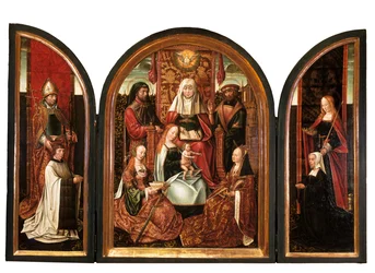 Een Kanunnik met St. Livinus (linkervleugel), De Familie van St. Anna (middenpaneel), Donor met St. Elizabeth (rechtervleugel), De Aankondiging (gesloten) ca. 1500-10