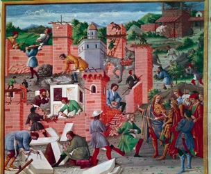 De bouw van de stad Rome. Tweeling Romulus en Remus bezoeken de locatie. De arbeiders zijn actief aan het werk