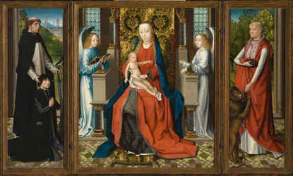 Drieluik van Madonna en kind met engelen; schenker en zijn beschermheilige Sint Peter Martyr; en Sint Jerome