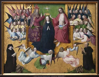 De kroning van Maria. Voorstelling van de Heilige Drie-eenheid: God, Jezus Christus en de duif van de Heilige Geest. Schilderij van de Meester van de Lyversbergse Passie (actief 1460-1490), vroege Duitse kunst uit de 15e eeuw. München, Alte