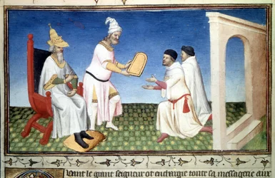 Marco en Maffeo Polo ontvangen geschenken van Koeblai Khan. Miniatuur uit ‘Het boek der wonderen’ (‘Beschrijving van de wereld’, ‘Il Milione’) van Marco Polo (1254-1324) (Ms. 2810, folio 3v), verlucht door de Mazarine-meester, circa 1410-1412