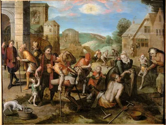 De zeven daden van barmhartigheid (schilderij op hout)