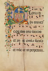 Manuscriptblad met de Drie-eenheid in een Initiaal G, uit een Antifonarium, tweede helft 15e eeuw