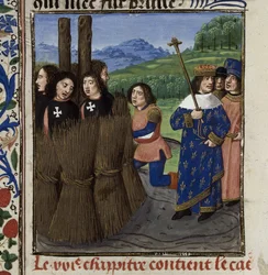 De verbranding van Tempeliers Uit: De casibus virorum illustrium door Giovanni Boccaccio