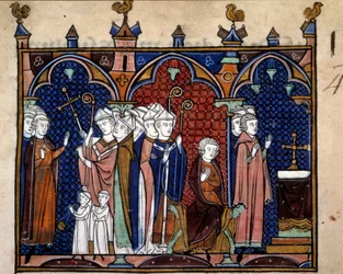Orde van de wijding en kroning van de koningen van Frankrijk: Aankomst van de koning in de kathedraal, de koning zittend op zijn troon, bisschoppen, monniken en geestelijken