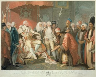 Zijne Majesteit en Staatsambtenaren Ontvangen de Turkse Ambassadeur en Gevolg, gegraveerd door Daniel Orme, uitgegeven door Edward Orme, 1797
