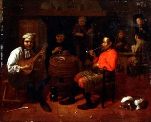 Een taveerne-interieur met mandolinespeler
