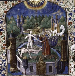 De schepping van Eva uit het lichaam van de slapende Adam uit De cleres et nobles femmes van Giovanni Boccaccio, 1450-1475