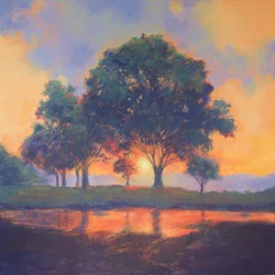 Rustige weerspiegelingen bij zonsondergang