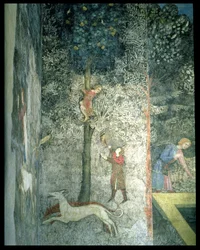 Jachthonden en mannen die in een boom klimmen, detail van het decoratieve schema uit La Chambre du Cerf
