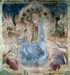 Maagd en Kind omringd door heiligen en engelen. Fresco door Matteo da Gualdo (ca. 1435-1507). Basilica van Sint Franciscus, Chiesa Superiore, Assisi