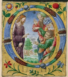 Fragment uit een missaal: Initiaal O met Christus die een exorcisme uitvoert