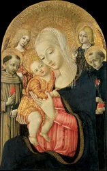 Madonna en kind met engelen en heiligen
