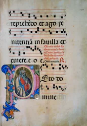 Verlichte initiaal met de figuur van Sint Michaël Aartsengel die de demonen verslaat (Corale 5, c. 105v), voor koorboek 5 van Santa Maria degli Angeli