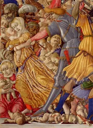 De Kindermoord, detail van een soldaat die zich voorbereidt om een kind te steken en omringende slachting (detail)