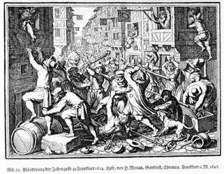 Plundering van de Joodse steeg tijdens de Fettmilch-rellen in Frankfurt op 22 augustus