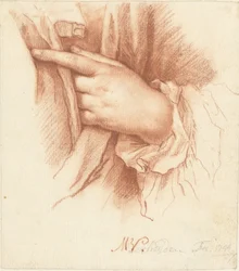 Studie van een linkerhand in draperie