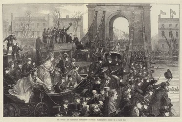 De Oxford en Cambridge Universiteiten Bootrace, Hammersmith Brug op een Racemiddag