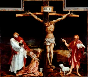Issenheimer altaarstuk (of Isenheim): middenpaneel met de kruisiging - Opschrift “INRI” op het kruis - Houtschildering van Mathis Neithardt Gothardt, genaamd Matthias Grünewald (ca. 1480-1528), 1512-1516, afmetingen 269 x 307 cm, Colmar, Musée Unterlinden