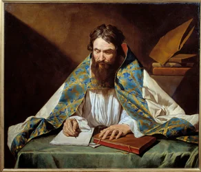 Portret van Sint Ambrosius (340-397), bisschop van Milaan - Schilderij door Mathias Stomer (Matthias Stom) (1600-1650)