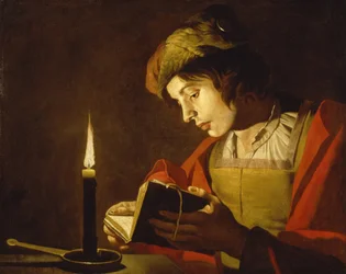 Een jonge man leest bij kaarslicht, door Matthias Stom (Stomer) (ca. 1600-na 1650). Olieverf op doek, ca. 1630. Afmetingen: 58,5 x 73,5 cm. Nationalmuseum Stockholm