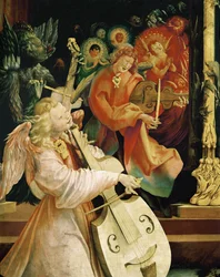 Een engel die cello speelt (schilderij op lindehout)