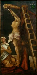 Christus aan het kruis met rouwende Maria Magdalena
