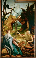 Antonius bezoekt de heilige Paulus de Kluizenaar vanaf het altaar van Isenheim (schilderij op lindehout)