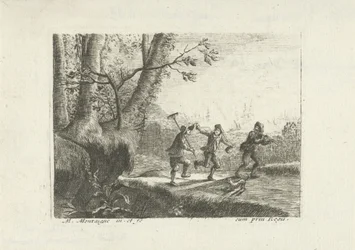 Landschap met drie dansende boeren