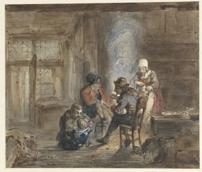 Interieur met een familie rond een haard