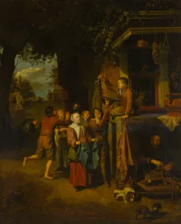 Kinderen spelen op straat voor een schoenmakerij