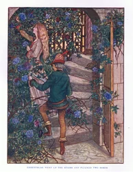 Ermentrude ging de trap op en plukte de rozen, illustratie uit Lady Anns Sprookjes, 1914