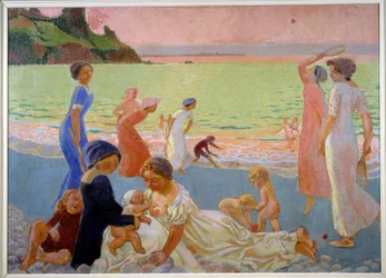 Septemberavond Jonge vrouwen en kinderen op het strand aan het einde van de dag, moeder geeft borstvoeding, anderen spelen met rackets, 1911
