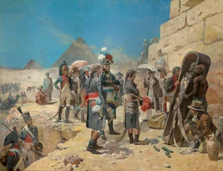 Napoleon Bonaparte voor de piramides, contemplerend de mummie van een koning op het platteland van Egypte
