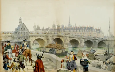 Geschiedenis van Frankrijk: Verbannen naar het kasteel van Blois door haar zoon Lodewijk XIII, verlaat Marie de Medicis (1575-1642) Parijs in 1617 met haar gevolg. Illustratie door Maurice Leloir (1853-1940) in 