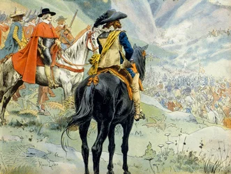 Geschiedenis van Frankrijk: Mantuaanse Successieoorlog (1628-1631) tijdens de Dertigjarige Oorlog. De slag bij de Pas de Suze (Susa), met koning Lodewijk XIII (1601-1643) en kardinaal Richelieu (Armand Jean du Plessis)