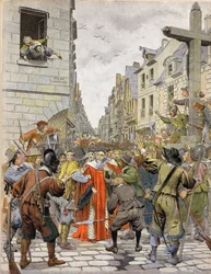 La Fronde: Journees des Barricades (augustus 1648): Bij het kruis van Trahoir (op de hoek van de straten Saint-Honore en de Droge Boom in Parijs), eist de menigte dat Mathieu Mole (1584-1656), eerste spreker van het parlement, naar het Palais R gaat