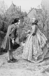 Ontmoeting van de jonge Jean-Jacques Rousseau en toekomstige goede vriend Madame de Warens, 21 maart 1728 (gravure)