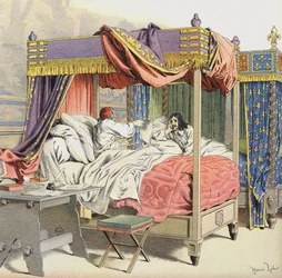 Richelieu en koning Lodewijk XIII in aangrenzende bedden ten tijde van de samenzwering van Cinq-Mars