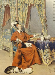 De kardinaal speelt met zijn katten die hij bijzonder liefhad - in "Richelieu" door Maurice Leloir, begin 20e eeuw
