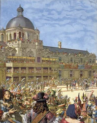 Het Koninklijke Carrousel (toernooi van ridders), gegeven in 1662, voor het Palais des Tuileries in Parijs onder Lodewijk XIV, bekend als de Zonnekoning (Louis de Grote)