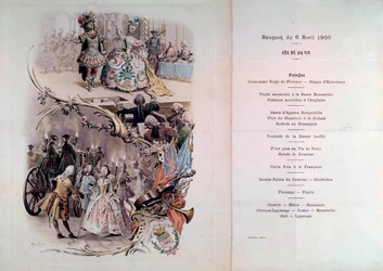 Huwelijksmenu met illustratie door Maurice Leloir (1851-1940) van bals in kostuums en galante scènes, 6/04/1900