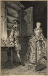 De ontdekking van de diefstal - in "Histoire de Manon Lescaut et du chevalier Des Grieux" van Abbé Prévost (1697-1763), Frans schrijver. Gravure naar tekeningen van Maurice Leloir (1885).