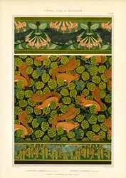 Art Nouveau ornament met vogels, eekhoorns en florale elementen (litho)