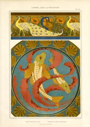Decoratieve rand met vissen en pauwen in cloisonnéstijl