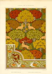 Decoratief bospatroon met herten en bomen (litho)